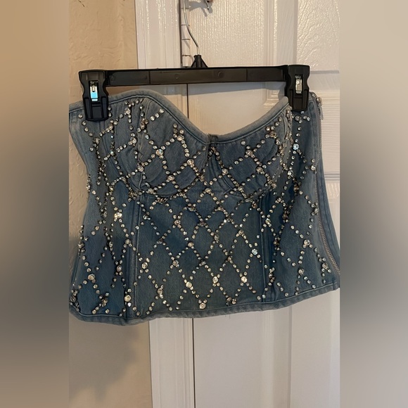 NWOT-Amazon Denim rhinestone Corset top - Picture 6 of 8